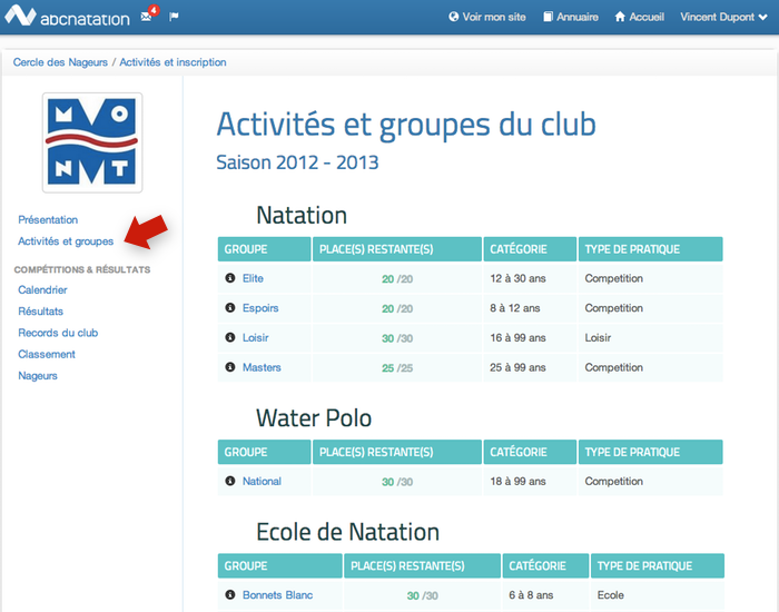 Page Club Abcnatation - Activités et Groupes
